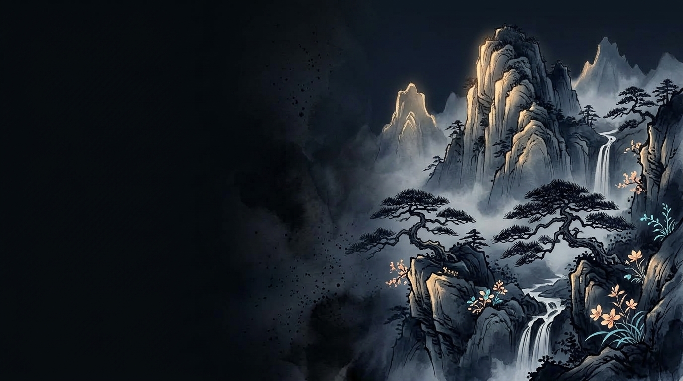 Oriental Mountain Landscape with Misty Pines and Waterfalls